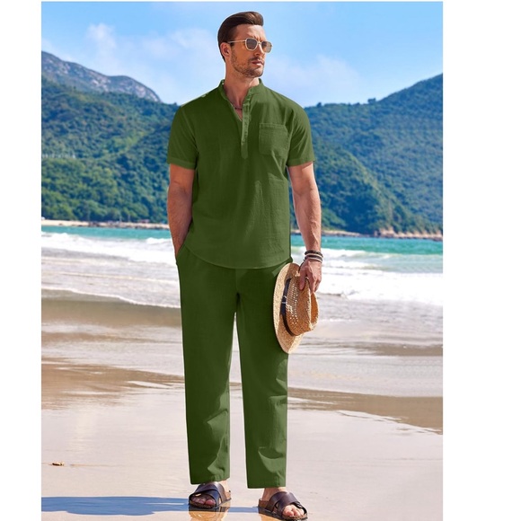 NWT Men's 2 Pieces Cotton Linen Set Casual Short Sleeve Shirt Beach Yoga Pants - Picture 2 of 7